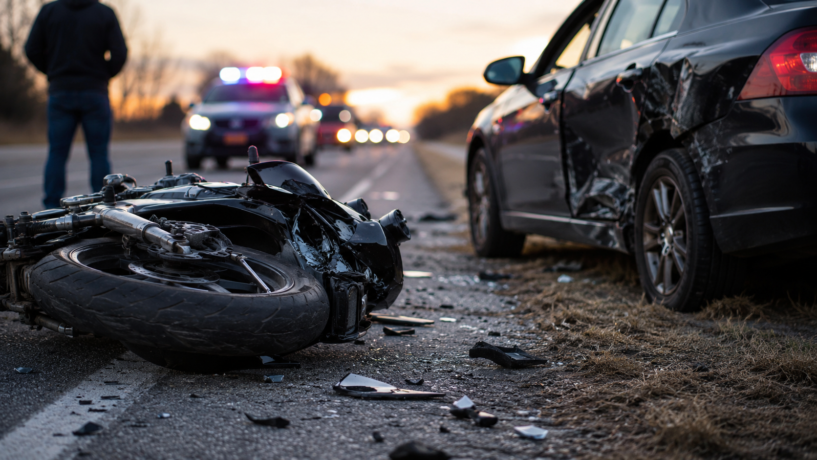 Motorcycle and car crash scene highlighting victims, fault disputes, personal injury claim value, damages, and recovery needs.