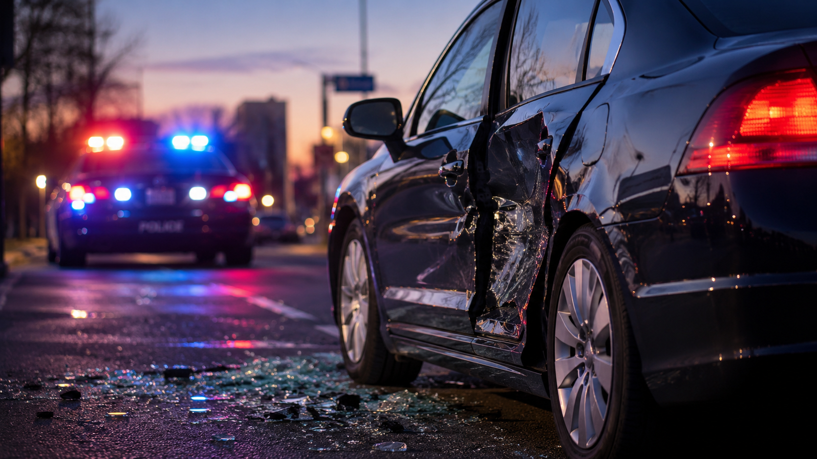 Side-impact Denver car accident at dusk with damage evidence, injury concerns, liability questions, and compensation stakes.